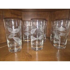 Set 4 Vintage Federal Frosted Leaf Glass Juice Drinking Glasses  MCM